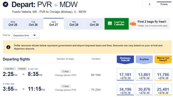 Southwest frequent flier points to Mexico