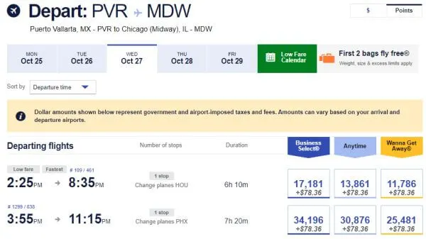 Southwest frequent flier points to Mexico