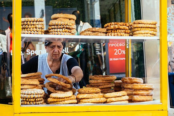 the food of Greece includes cheap street stall snacks