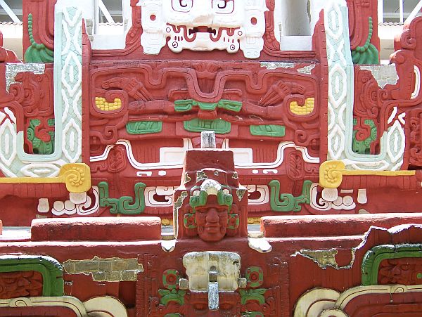 painted Maya pyramid reproduction in Honduras