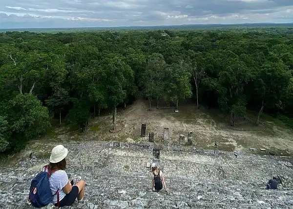 climbing the pyramid at Calakmul